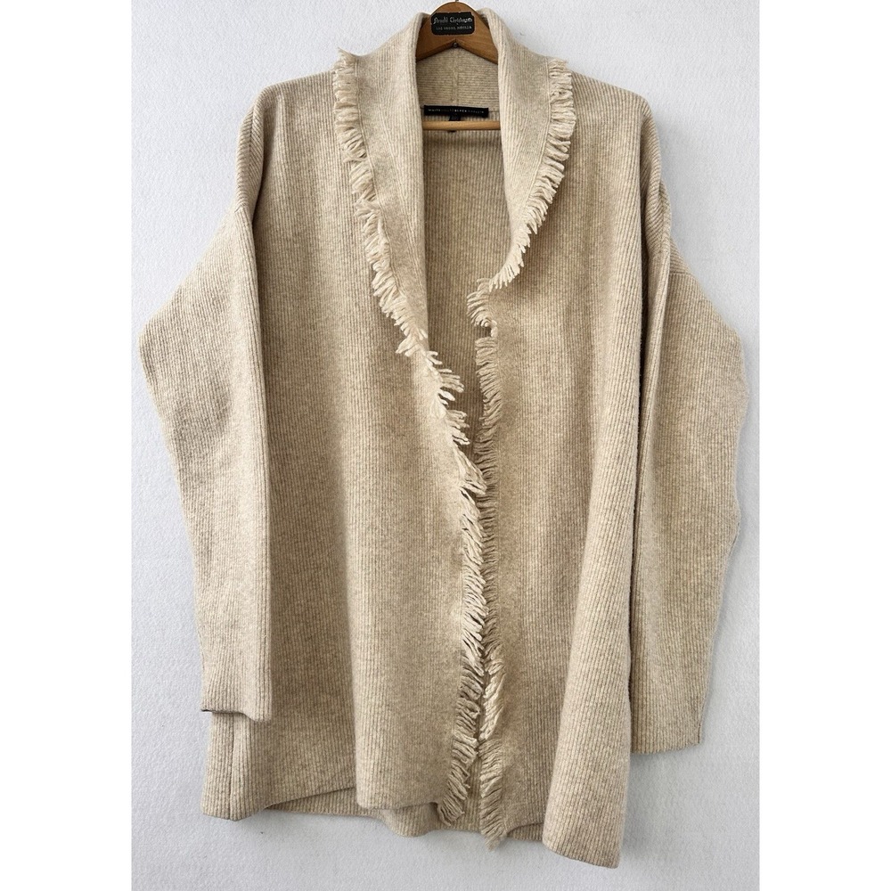 White House Black Market Cardigan Wool Blend Fringe Womens L Ivory Excellent